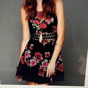 FREE PEOPLE Black Lacy Tank Fit & Flare Dress with Rose Print